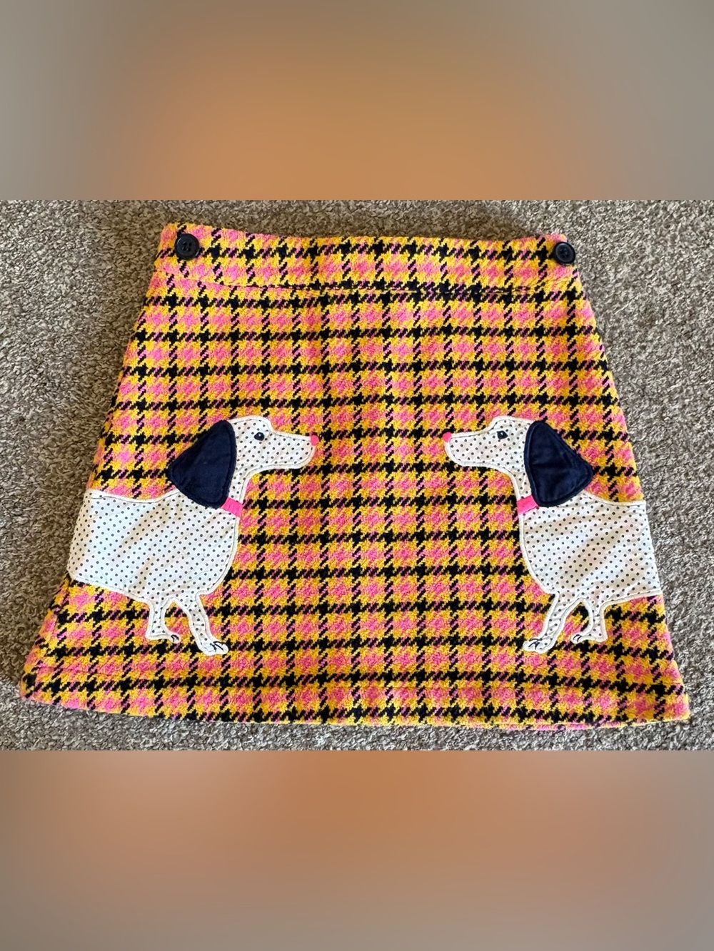 Mini Boden Pink and Yellow Plaid Skirt with Dog Appliqués